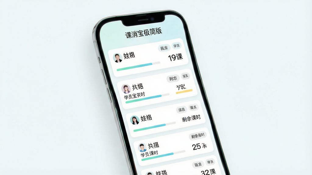 一幅“课消宝极简版”学员课时看板的功能展示图,主体为悬浮的手机界面,屏幕内排列着多张学员信息卡片,每张卡片显示姓名与剩余课时数字,布局为纵向列表式,风格清新浅色,细节包含进度条与筛选标签,画质干净明亮,界面顶部印有“课消宝极简版”字样,整体无冗余装饰