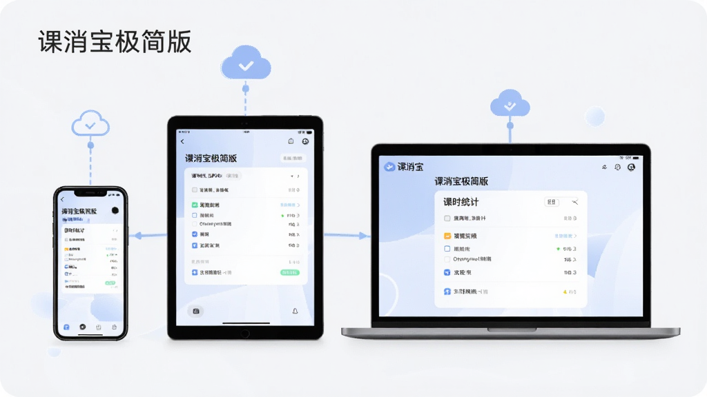 一张表现“课消宝极简版”多端同步概念的图片,主体为手机、平板与笔记本电脑三台设备并排展示,屏幕内均显示相同的课时统计界面,布局为横向排列,风格科技简约,细节包含设备间连线与云朵图标,画质清晰锐利,画面中标注“课消宝极简版”文字,背景干净无干扰
