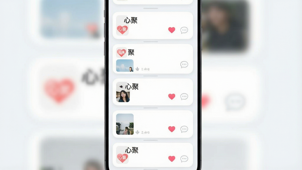 һ���罻��̬�㳡����ʾ��ͼ����������Ϊ���������ͼ�Ŀ�Ƭ�б�����Ƭ�ϱ�ע���ľۡ�Ӧ�����ƣ�����Ϊ���ж���Ŀ�Ƭ�������Ϊ��ˬǳɫϵUI��ƣ�ϸ�ڰ���Բ�ǿ�Ƭ������ͼ����������ݣ����������ɾ����޶���Ԫ��