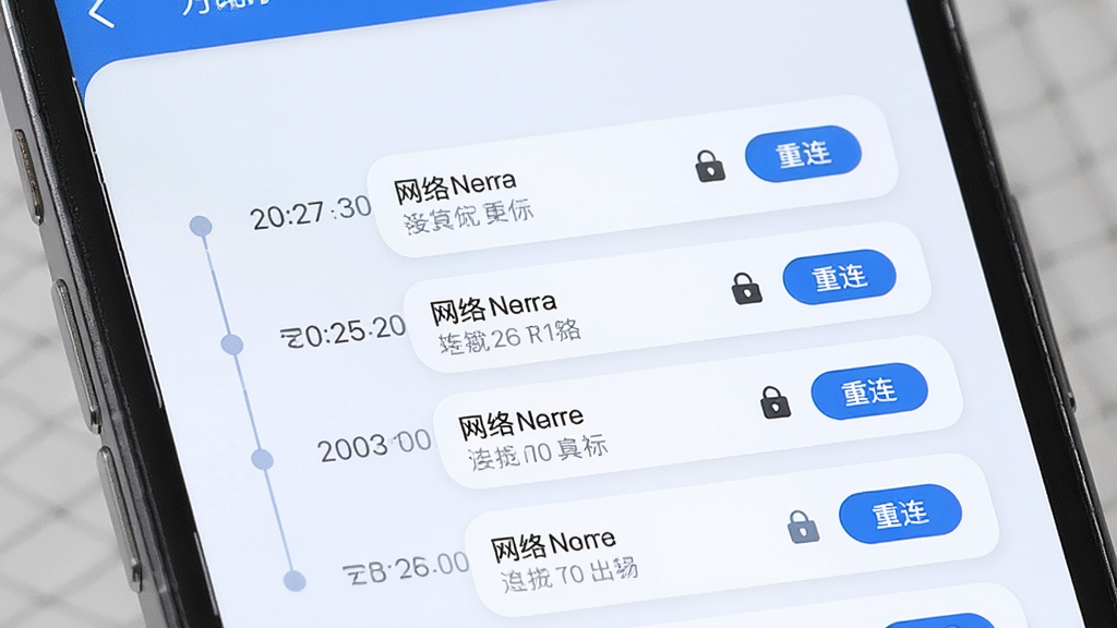 一张手机界面展示图,画面主体为竖屏手机,屏幕中显示万能匙的历史连接记录页面,以时间轴形式排列已连接网络名称,每条记录右侧带有小锁图标和重连按钮,背景为浅色卡片式布局,整体风格简约,蓝白配色,高清画质,干净整洁