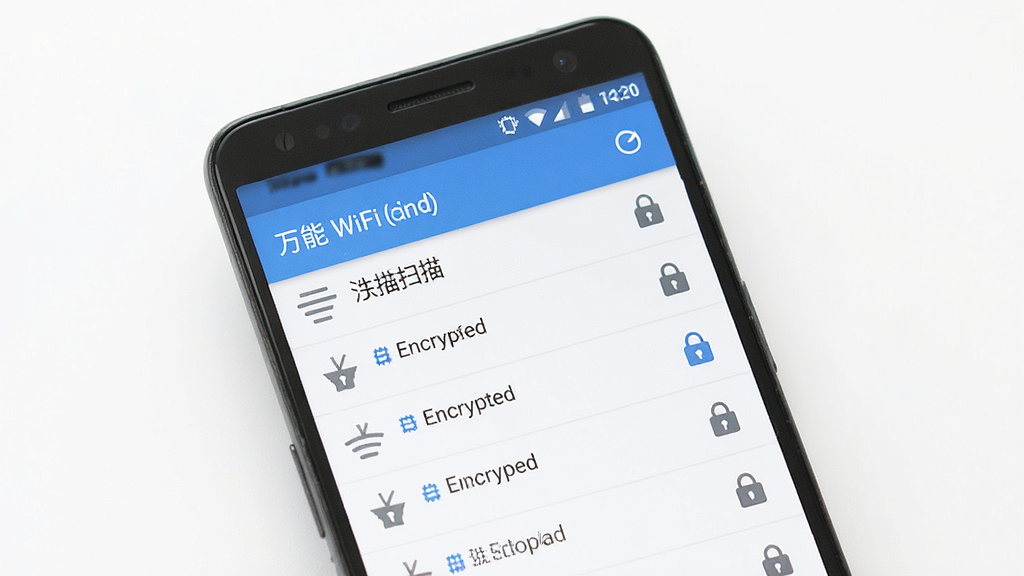 一张手机应用界面展示图,画面主体为一部安卓手机,屏幕中显示万能匙的WiFi扫描列表页面,列表按信号强度排列,每条记录带有锁形图标表示加密状态,顶部有刷新按钮,界面风格简洁清爽,蓝白主色调,扁平化设计,高清画质,画面干净无杂乱元素