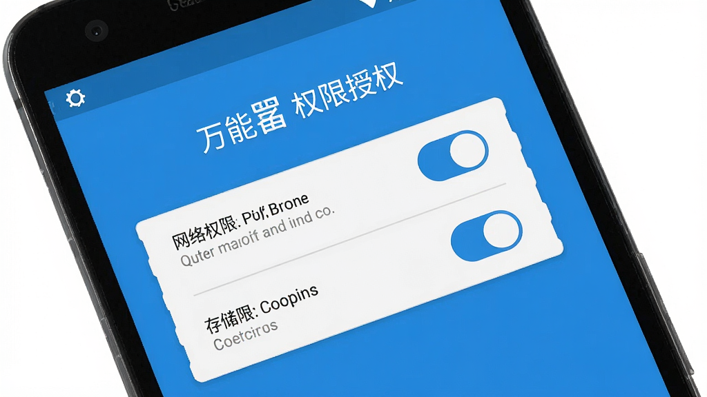 一张手机操作示意图,画面主体为一部安卓手机,屏幕中显示万能匙的权限授权引导页面,包含网络权限和存储权限的开关示意,界面为蓝白扁平化风格,布局清晰,高清画质,画面干净整洁,无多余元素