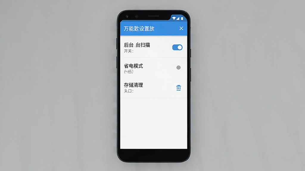 一张手机应用界面展示图,画面主体为竖屏安卓手机,屏幕中显示万能匙的设置页面,包含后台扫描开关、省电模式选项和存储清理入口,界面为简洁的列表式布局,蓝白配色,扁平化设计风格,高清画质,画面干净