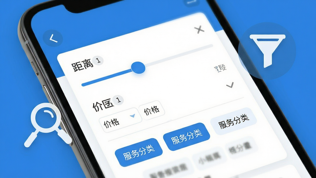 找个人接单端订单筛选功能展示图,画面为手机屏幕特写,屏幕上显示筛选条件面板,包含距离滑块、价格区间、服务分类标签,旁边配有放大镜与漏斗图标,整体风格为清爽扁平化设计,主色调为蓝白搭配,细节精致,画质干净,无多余元素