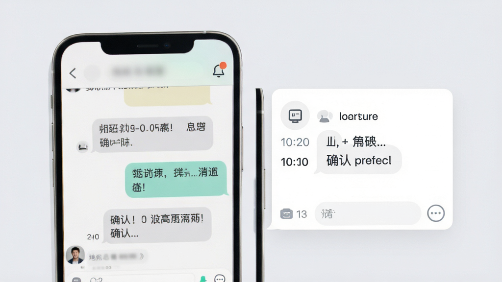 找个人接单端消息沟通界面示意图,画面展示手机聊天窗口与订单卡片并列排布,聊天气泡中包含时间地点确认内容,顶部有消息提醒铃铛图标,背景为柔和浅灰色,整体采用简洁现代UI风格,画质清晰,干净利落,无多余装饰