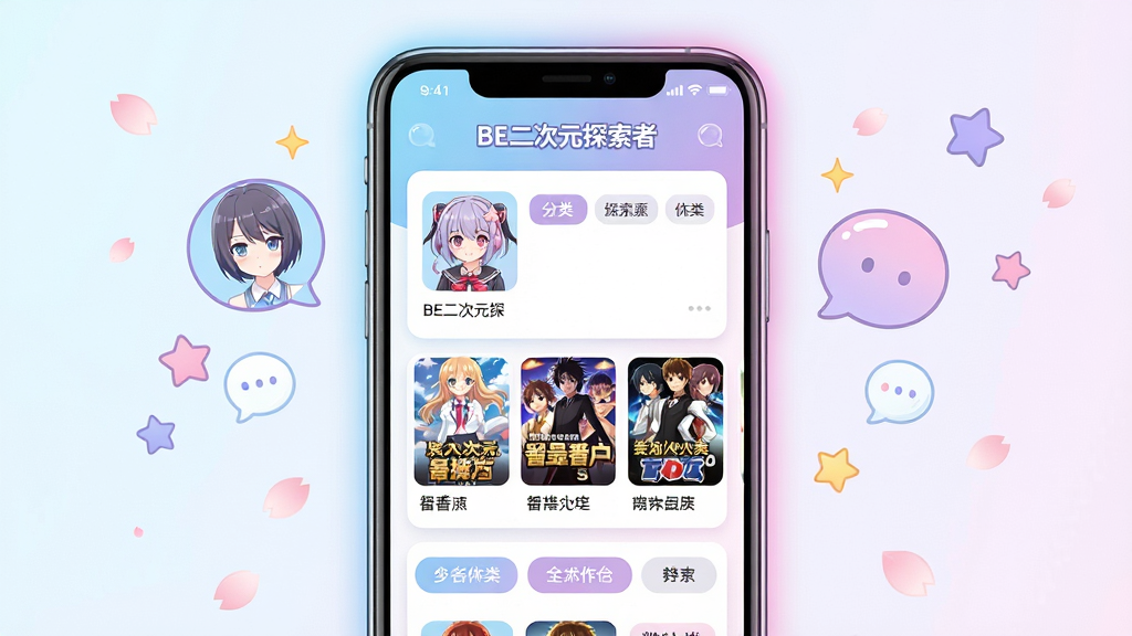 一张以“BE二次元探索者”为主题的手机应用界面展示图,画面主体是一部竖屏智能手机,屏幕内呈现二次元风格的卡片式内容列表,包含动漫角色头像、番剧封面和分类标签;布局采用居中构图,手机两侧点缀漂浮的动漫气泡与星星元素;整体风格为清新明亮的二次元扁平插画风,配色以浅蓝、粉紫与白色为主;细节上手机屏幕边缘有柔和光晕,背景为浅色渐变并带有细小的樱花花瓣;画质清晰干净,无多余杂乱元素