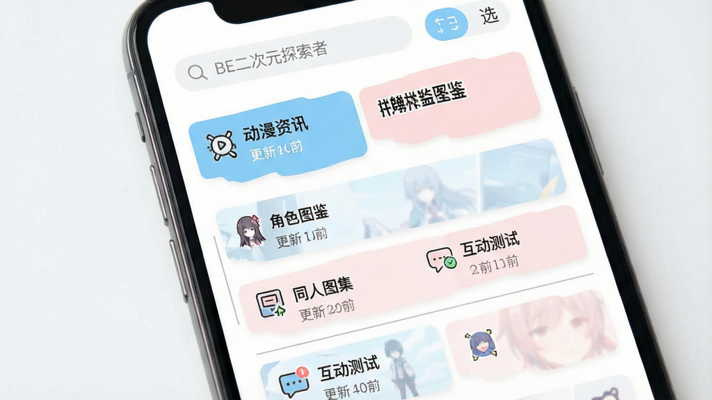 一张展示“BE二次元探索者”内容聚合功能的界面图,画面主体为手机屏幕内多个内容卡片整齐排列,卡片上分别标注“动漫资讯”“角色图鉴”“同人图集”“互动测试”等分类标签,卡片之间以细线分隔;布局为上下滚动式信息流,顶部有搜索框与筛选按钮;风格为清爽的二次元UI设计,配色以白色为底、辅以天蓝与淡粉点缀;细节上每张卡片带有小图标和更新时间戳;画质干净清晰,无多余装饰元素