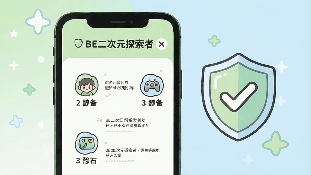 一张以“BE二次元探索者”新手使用场景为主题的插画,画面主体为手机屏幕显示安装完成后的欢迎引导页,页面内有卡通风格的步骤提示图标;布局为手机居中,旁边配有一个带勾选标记的盾牌图标象征安全安装;风格为简洁的二次元扁平风,配色以浅绿、白色与淡蓝为主;细节上引导页文字清晰,图标线条圆润;画质干净清爽,无多余元素