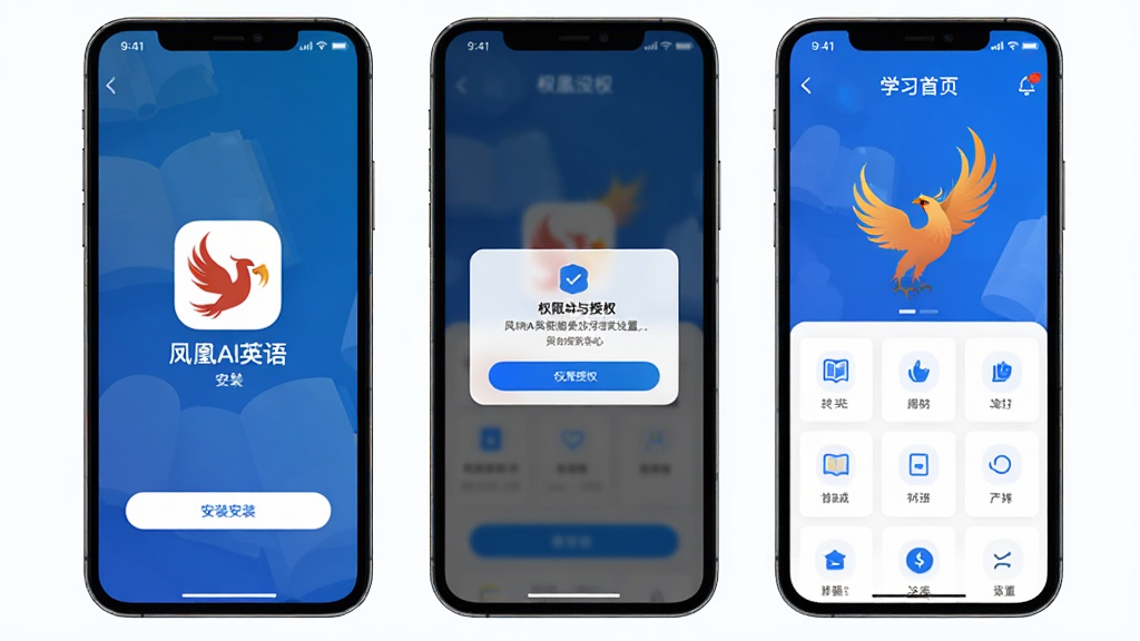 一张展示凤凰AI英语移动端安装与权限设置流程的示意图,画面分为三个手机界面并排展示,依次为应用安装界面、权限授权弹窗、学习首页,界面风格统一为蓝白色调,图标清晰,整体排版整齐简洁,风格现代科技感,画质清晰干净,无多余元素
