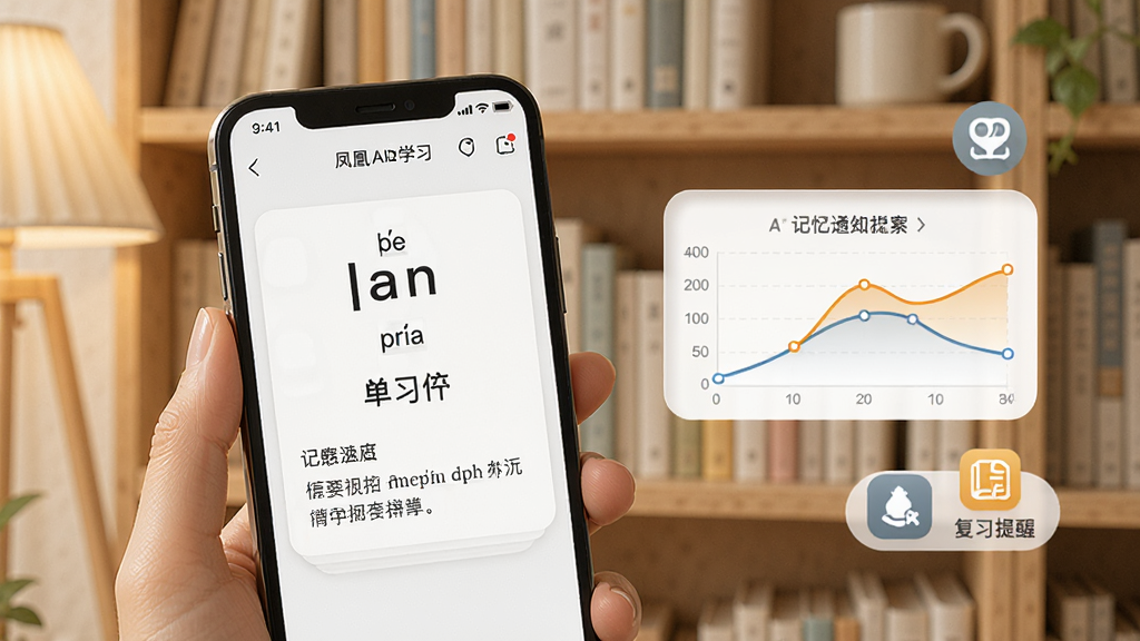 一张展示凤凰AI英语单词记忆功能的场景图,画面中一部手机显示单词卡片学习界面,卡片上有英文单词、音标、中文释义和例句,旁边有记忆曲线图表和复习提醒图标,背景是淡雅的书架场景,整体风格温馨学习氛围,画质清晰干净,无多余元素