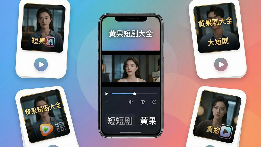 主体为一部智能手机居中展示,屏幕内呈现短剧视频播放界面,周围环绕多个短剧封面卡片与播放按钮图标,布局为手机居中、卡片环绕式排布,排版简洁有序,风格为现代扁平化科技风,细节包括渐变背景、圆角卡片、播放进度条与剧集缩略图,画面中文字标注“黄果短剧大全”,画质清晰干净,无多余元素