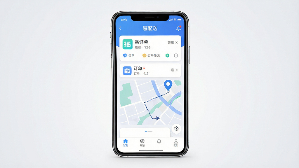 主体为一部竖屏智能手机,屏幕上显示配送接单类应用界面,包含订单列表卡片与地图路线示意;布局为手机居中放置,背景为浅灰渐变;排版简洁,手机下方有少量留白;风格为清爽扁平化科技风,配色以蓝白为主;细节包括手机边框高光、界面卡片圆角、地图路线用虚线标注;画质清晰干净,无多余元素,画面中可出现