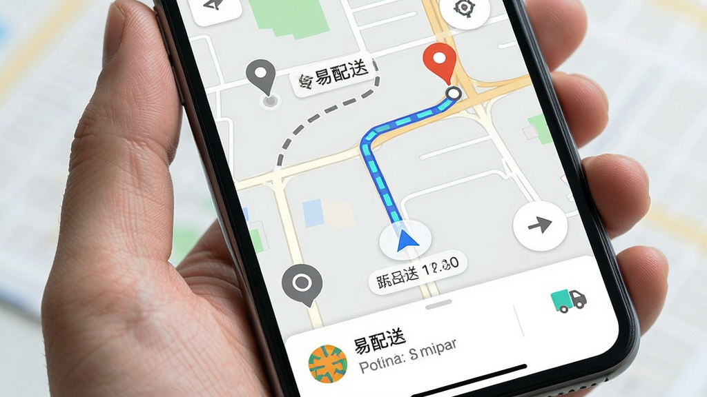 主体为手机屏幕显示地图导航界面,画面中有起点与终点标记、虚线路线与转向箭头;布局为地图铺满屏幕,底部有信息卡片;排版层次分明;风格为写实地图应用风,浅色底图;细节包括定位圆点、路线高亮、距离与时间文字;画质清晰,画面干净,可出现