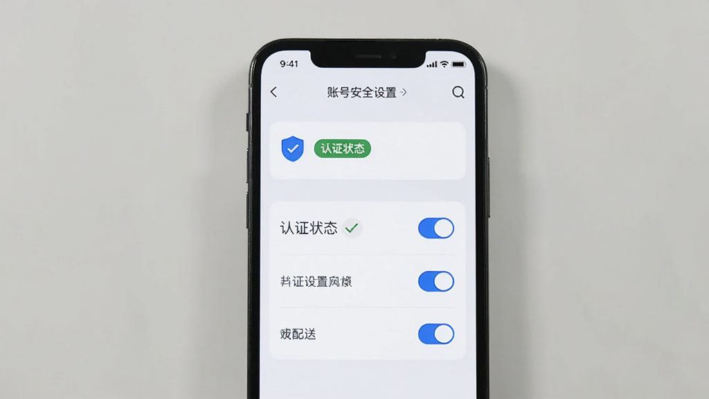主体为手机屏幕展示账号安全设置页面,包含认证状态标签与开关按钮;布局为手机正面居中,背景简洁;排版为列表式结构;风格为清爽商务风,白底蓝字;细节包括盾牌图标、对勾标记、圆角开关;画质干净清晰,可出现