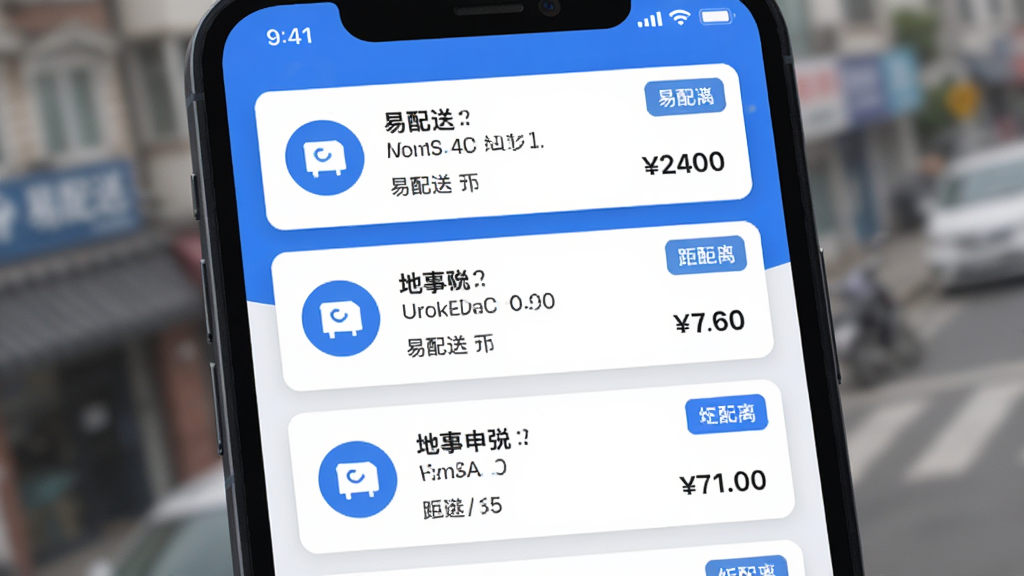 主体为手机屏幕特写,界面展示多张订单卡片纵向排列,卡片上有地址文字与距离数字;布局为屏幕占据画面主体,背景虚化;排版为上下结构,顶部有状态栏;风格为现代扁平 UI 风,蓝白配色;细节包括卡片阴影、圆形图标、醒目数字标签;画质高清,干净整洁,界面中可出现