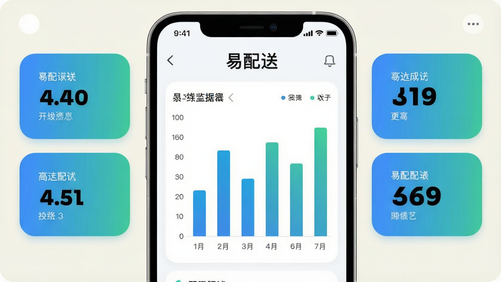 主体为手机界面展示数据统计页面,包含柱状图与数字卡片;布局为手机居中,背景为浅色;排版为上下分区,上方标题下方图表;风格为简洁数据可视化风,蓝绿配色;细节包括圆角卡片、柱状图渐变、数字加粗;画质清晰,无杂乱元素,可出现