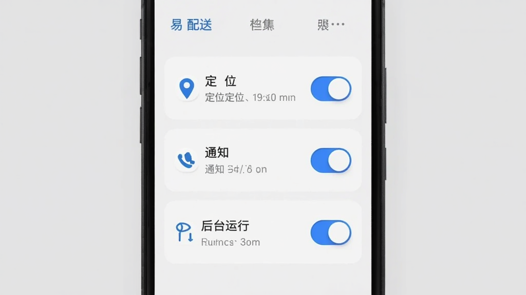 主体为手机屏幕展示权限设置列表,包含定位、通知、后台运行三个开关项;布局为手机居中,背景为浅灰;排版为纵向列表;风格为清爽工具类界面风,白底蓝点缀;细节包括开关高亮、图标简洁、文字清晰;画质干净,可出现
