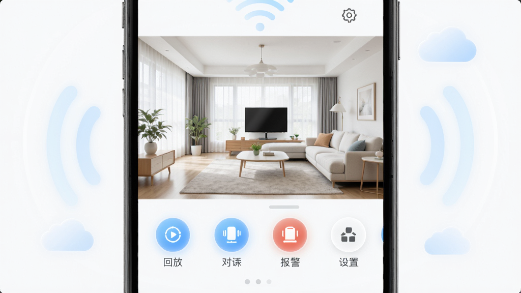 手机屏幕中央展示乔安智联APP的实时监控画面,画面中是一间明亮客厅,画面下方排列着回放、对讲、报警、设置四个功能图标,手机周围有淡淡的信号波纹和云朵装饰,整体布局居中对称,风格简洁现代科技感,细节上图标带有轻微发光效果,画质高清干净,无多余元素
