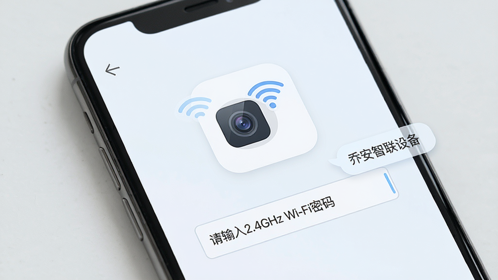 手机屏幕展示乔安智联设备添加引导页面,页面中央是一个摄像头图标和Wi-Fi信号图标,下方有“请输入2.4GHz Wi-Fi密码”的输入框,旁边有提示文字气泡,整体布局简洁,风格扁平化浅色,细节上图标带有圆角边框,画质干净清晰,无多余元素