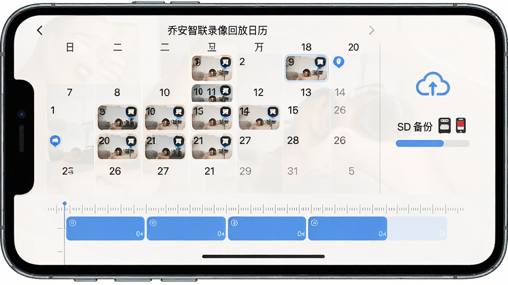 手机界面展示乔安智联录像回放日历,日历上部分日期带有录像标记,下方时间轴显示多个蓝色录像片段块,界面右侧有云备份图标和SD卡容量进度条,整体布局清晰有序,风格素雅浅色,细节上时间轴带有刻度标注,画质干净,无多余元素