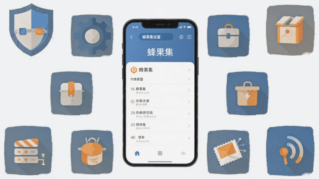 画面为一部手机与若干提示图标组合,手机屏幕显示蜂果集设置页面,周围环绕盾牌、齿轮、存储空间、网络信号等扁平图标,布局为环形围绕手机;风格为简洁信息图插画,配色为蓝灰与橙色点缀,背景为浅灰,细节清晰,画质干净,手机屏幕内以文字标注“蜂果集”,整体无多余元素