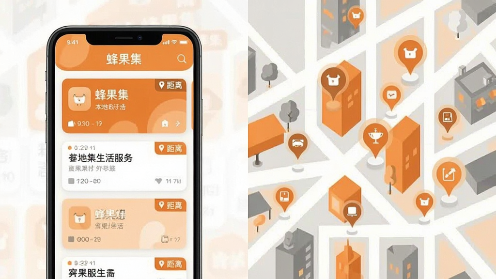 画面采用左右分栏布局,左侧为手机界面展示蜂果集本地生活服务列表,条目以卡片形式排列并带有距离标签,右侧为抽象化的城市街区地图元素,标注若干服务点位;风格为现代扁平插画,主色为暖橙与灰白,背景干净,细节简洁,画质清晰,图中手机屏幕上方以文字标注“蜂果集”字样,整体无杂乱元素