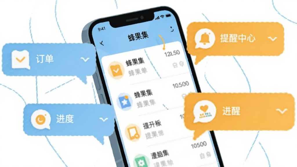 画面主体为一部手机与悬浮的消息气泡组合,手机屏幕显示蜂果集消息中心列表,气泡内以图标形式呈现订单、提醒、进度等符号;布局为居中构图,手机略微倾斜,气泡环绕四周;风格为清爽扁平插画,配色为浅蓝与橙黄,背景为纯白,细节干净,画质清晰,手机屏幕内以文字标注“蜂果集”,整体无多余元素