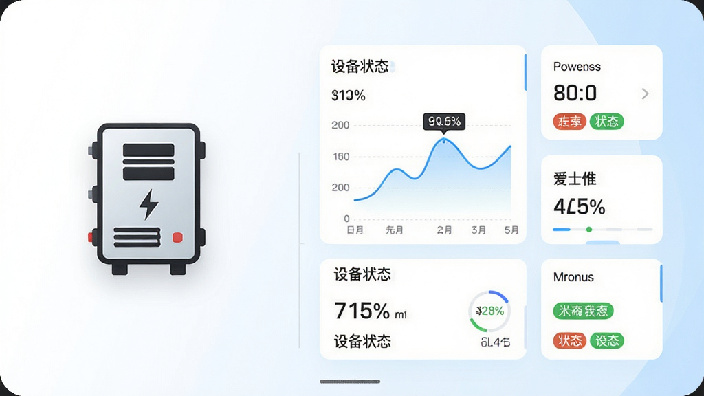 爱士惟App实时监控页面,手机屏幕显示功率曲线与设备状态列表,背景为简洁的白色与浅蓝色渐变,画面左侧有光伏逆变器图标,右侧为数据卡片排版,风格清爽科技感,细节包含曲线图、数字指标与状态标签,画质干净清晰,无多余元素