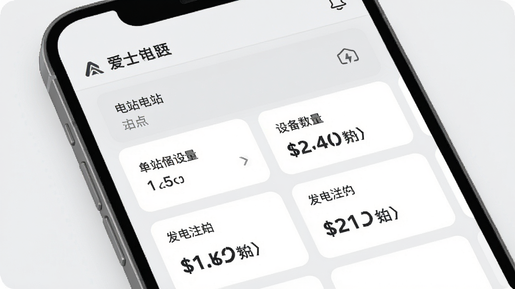 爱士惟App多站点管理界面,手机屏幕展示电站列表与设备分组卡片,画面采用浅灰与白色配色,布局为上下结构,风格简约商务,细节包含站点名称、设备数量与发电汇总数字,画质清晰干净,无多余元素