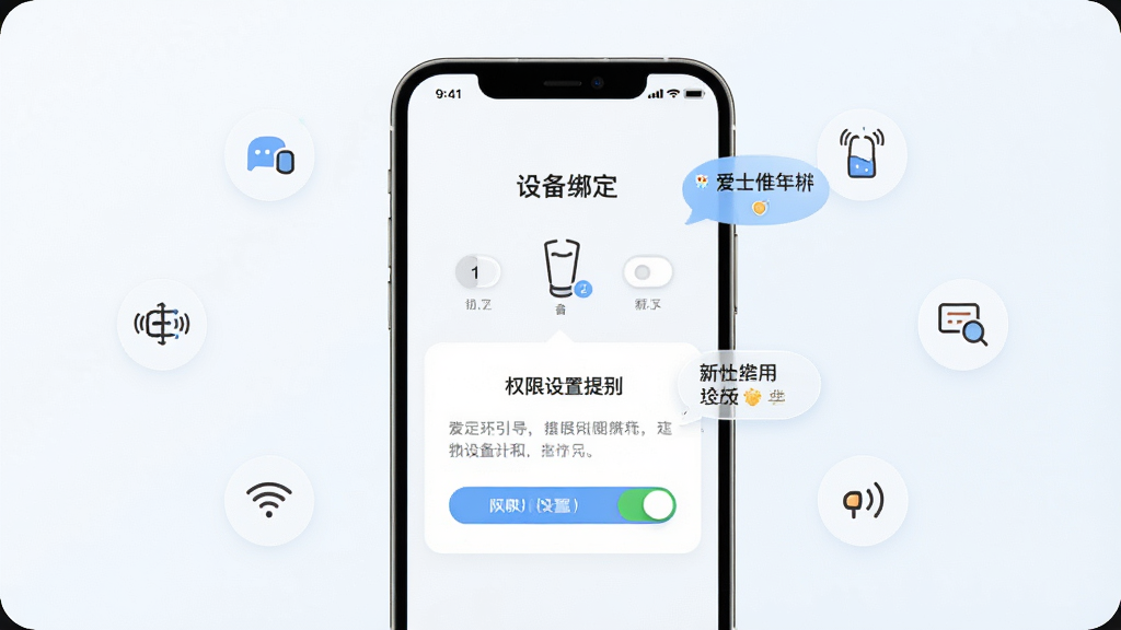 爱士惟App新手使用场景,手机屏幕显示设备绑定引导页面与权限设置提示,画面为浅色背景,布局为手机居中加周围小图标,风格清新简洁,细节包含绑定步骤数字、权限开关与提示气泡,画质清晰干净,无多余元素