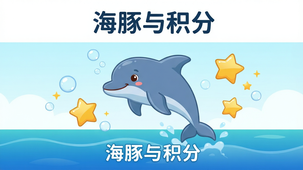 画面主体是一只卡通风格的海豚跃出蓝色海面,周围漂浮着金色积分星星和气泡;布局为居中构图,海豚位于画面中央偏上,下方是简洁的海洋背景;排版上留出上方空白区域,风格为清新明快的扁平插画风;细节包括海豚微笑表情、积分星星带有光泽、海水呈现渐变蓝色;画质清晰干净,无多余元素,画面中可加入文字“海豚与积分”作为标题