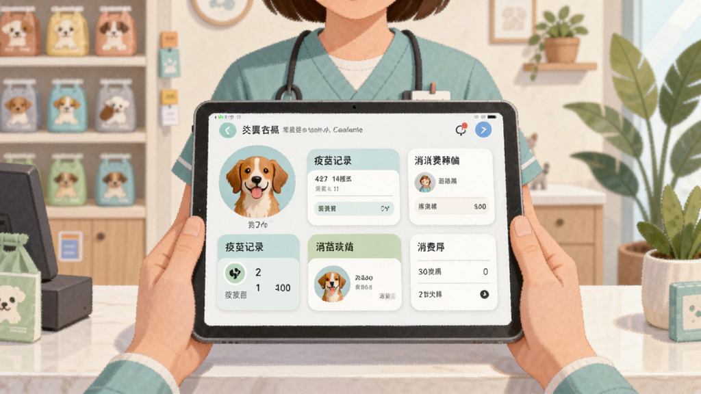 画面展示一间整洁的宠物门店前台,店员正在平板设备上查看宠物会员档案,屏幕中呈现宠物头像、疫苗记录与消费明细卡片,背景有宠物用品货架与绿植,整体为写实插画风格,色调柔和明亮,布局居中对称,细节丰富,画质清晰,无多余元素