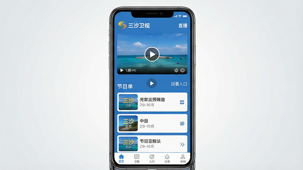 一张展示三沙卫视手机客户端主界面的示意图,画面中央为手机屏幕,屏幕内呈现蓝色调的频道直播页面,顶部有“三沙卫视”频道标识与直播画面窗口,下方排列节目单与回看入口,背景为简洁的浅灰渐变,风格为扁平化UI展示,细节包含播放按钮、节目列表卡片与底部导航栏,画质清晰干净,无多余装饰元素