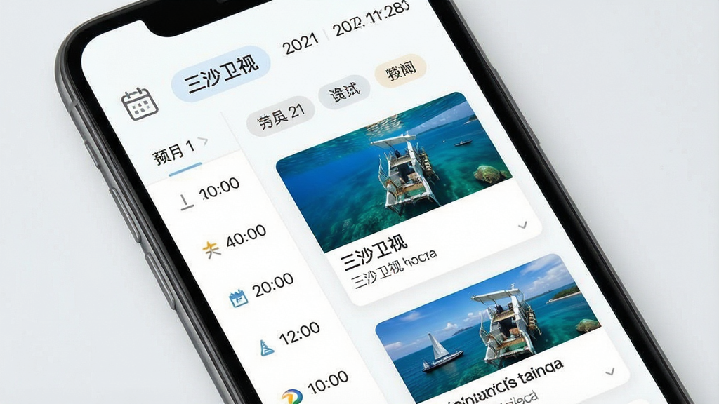 一张展示三沙卫视资讯与节目单聚合页面的示意图,画面为手机屏幕内呈现节目时间表列表与图文资讯卡片混排布局,顶部有日期选择条,卡片中包含缩略图与标题文字“三沙卫视”,背景为浅色留白,风格为清新资讯类APP界面,细节包含日历图标与分类标签,画质清晰干净