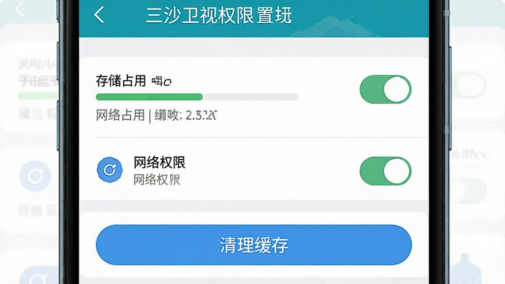 一张展示三沙卫视应用权限设置与缓存清理界面的示意图,画面为手机屏幕内的设置页面,包含权限开关列表与“清理缓存”按钮,布局为上下排列的列表式排版,风格为简洁系统设置界面,细节包含存储占用条与网络权限图标,画质清晰干净,无多余元素