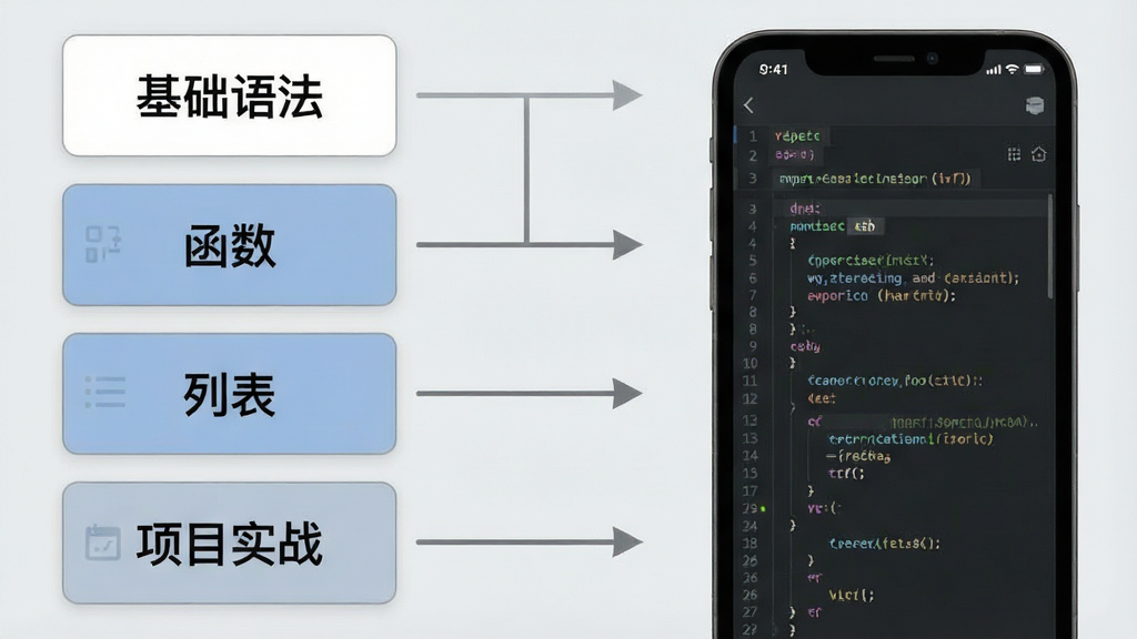 一张横版功能示意图,画面左侧是一列竖向排列的课程章节卡片,卡片上标注“基础语法”“函数”“列表”“项目实战”等文字,右侧是一部手机屏幕显示代码运行结果,中间用箭头连接,背景为浅灰色,风格为简洁信息图,布局左右分栏,画质清晰干净,无多余装饰