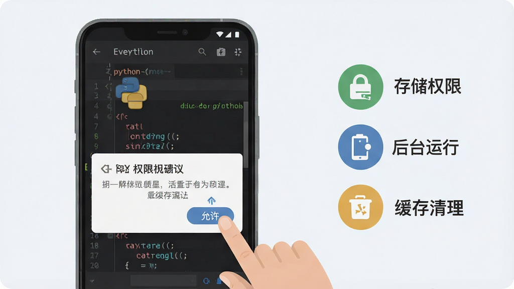 一张横版手机操作示意图,画面中一部手机屏幕上显示Python代码编辑器,下方弹出权限请求对话框,旁边有手指点击“允许”的示意,右侧列出“存储权限”“后台运行”“缓存清理”三个图标,背景为浅色,风格为扁平化教程插画,布局清晰,画质干净,无多余文字