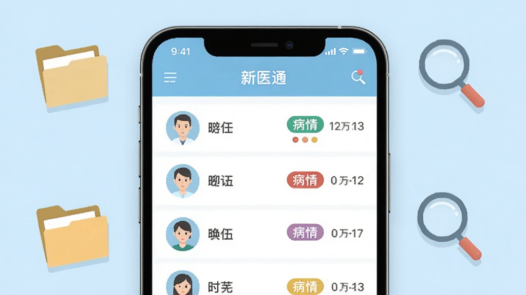 一部手机屏幕中展示“新医通”的患者管理列表界面,左侧为患者头像与姓名条目,右侧为病情标签与时间信息,背景为淡雅医疗蓝,周围漂浮着文件夹与放大镜图标,构图简洁,风格现代扁平,画质清晰干净