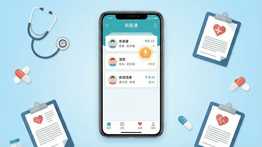 一张展示医疗健康类手机应用界面的场景图,画面中央是一部竖屏智能手机,屏幕内呈现“新医通”应用的主界面,包含患者列表卡片、消息提醒图标和底部导航栏,手机周围以浅蓝色渐变背景衬托,点缀听诊器、病历夹、药丸等扁平化医疗元素,整体布局居中对称,风格简洁清爽,细节清晰,画质干净,无多余元素