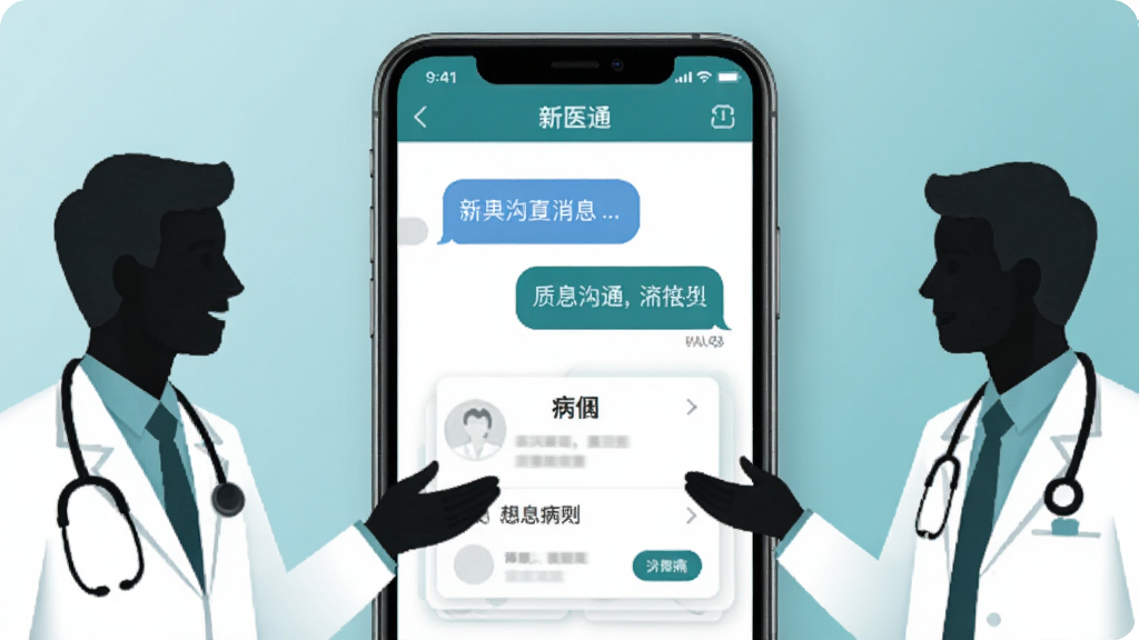画面为“新医通”应用内的消息沟通界面,手机屏幕显示对话气泡与病例卡片并列排布,屏幕外有两位抽象化的医生剪影正在交流,背景为柔和的青蓝色,风格简洁商务,细节清晰,画质干净