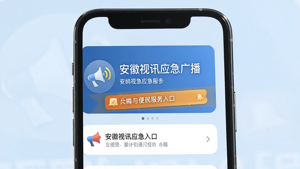 手机界面显示安徽视讯应急广播提示卡片与便民服务入口,背景为淡蓝色调,细节包含广播图标与通知横幅,风格正式简洁,画质清晰,干净无多余元素