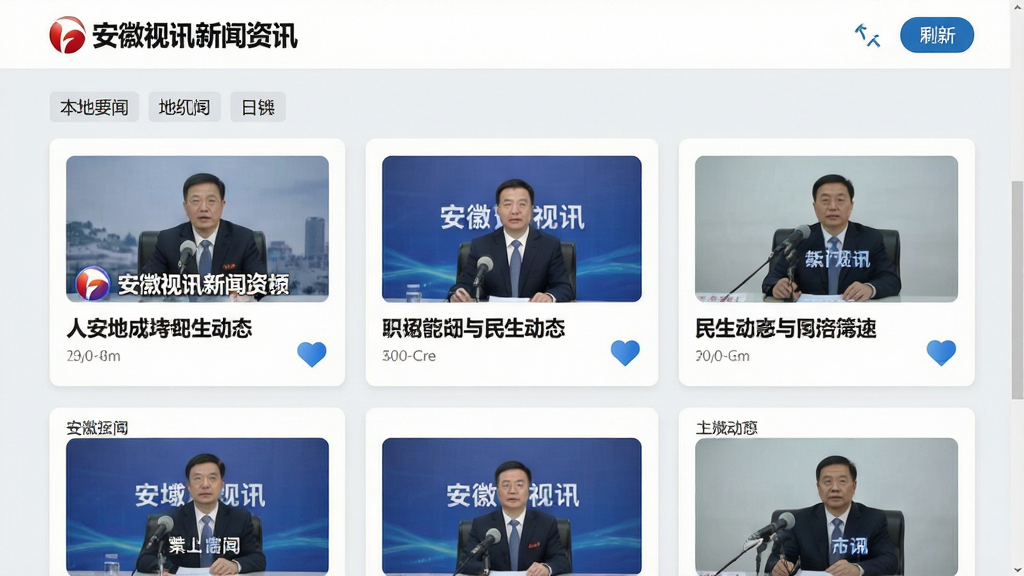 安徽视讯新闻资讯页面展示,卡片式布局排列本地要闻与民生动态,配图与标题清晰,背景为白色浅灰搭配,风格清爽,细节包含分类标签与刷新按钮,画质干净无多余元素