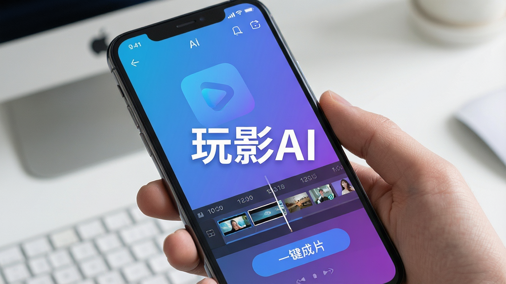 一张展示手机界面正在进行AI视频合成的场景图,画面中可见时间轴、素材缩略图与“一键成片”按钮,界面风格清爽,主色调为蓝紫色渐变,画面中央有“玩影AI”字样标识,细节丰富,画质清晰,干净无多余元素