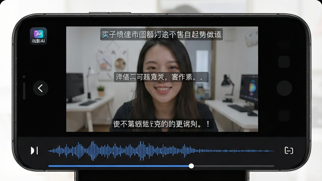 一张展示手机视频编辑界面中自动生成字幕功能的图片,画面中视频画面上方叠加字幕文本,下方有语音波形与识别进度条,界面以深色模式呈现,风格专业简洁,包含“玩影AI”标识,细节清晰,画质高清,干净无多余元素