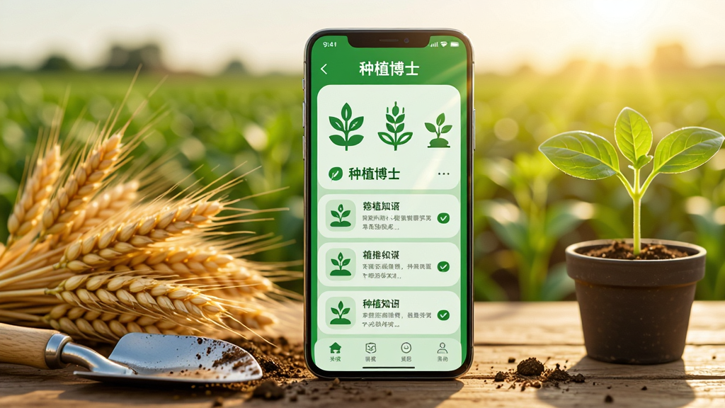画面主体为一部竖屏安卓手机放置在木质桌面上,手机屏幕显示绿色农业主题的种植知识应用界面,界面中有作物图标与文字栏目排版,手机左侧摆放几穗成熟小麦与一把小铲子,右侧放一盆绿色幼苗,背景为虚化的农田与暖色阳光,整体采用清新写实的摄影风格,细节包含土壤颗粒、叶片纹理与屏幕反光,画质清晰干净,无多余元素,画面中可出现文字