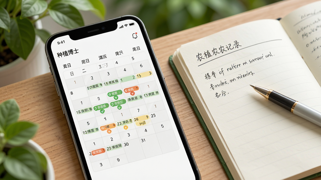 画面主体为手机屏幕显示农事日历与种植记录列表,日历上标注不同颜色的农事提醒标记,屏幕旁边放着一本手写农事记录本与一支笔,背景为木质桌面与虚化的绿色植物,整体采用简约清新的写实风格,细节包含日历网格纹理与纸张质感,画质清晰干净,无多余元素,画面中可出现文字