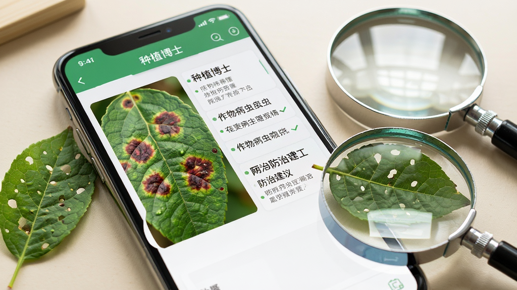 画面主体为手机屏幕展示作物病虫害图文对照页面,屏幕左侧为叶片病斑特写图,右侧为防治建议文字条目,手机旁摆放一片带有虫咬痕迹的绿叶与一个放大镜,背景为浅色桌面与柔和光线,整体采用清晰写实的微距摄影风格,细节包含叶脉纹理与放大镜反光,画质干净锐利,无多余元素,画面中可出现文字