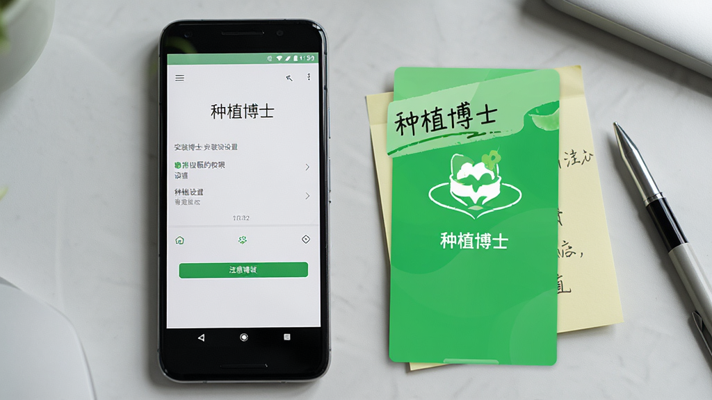 画面主体为一部安卓手机显示安装权限设置界面与种植博士启动页并列排版,手机旁边放置一张写有注意事项的便签纸与一支笔,背景为浅灰色桌面与柔和光线,整体采用简洁写实的数码产品摄影风格,细节包含界面图标与便签手写字迹,画质清晰干净,无多余元素,画面中可出现文字