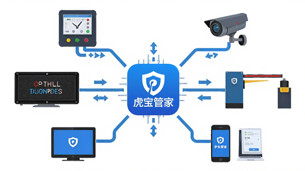 主体为一面工业设备连接示意图,中心为“虎宝管家”软件图标,四周连接地磅仪表、摄像头、道闸、LED屏与手机电脑等设备,布局为放射状拓扑构图,排版中心突出、四周环绕,风格为科技扁平插画风,细节包含连接线条、设备图标与数据流向箭头,画质干净、配色统一、无多余元素