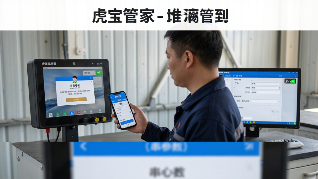 主体为一名工作人员站在磅房内手持手机操作“虎宝管家”APP,旁边地磅仪表与电脑屏幕同步显示数据,布局为人物居中、设备环绕构图,排版上方为标题留白、下方为操作界面特写,风格为写实工作场景风,细节包含权限弹窗、串口参数设置界面与网络信号图标,画质清晰、光线自然、干净无杂乱